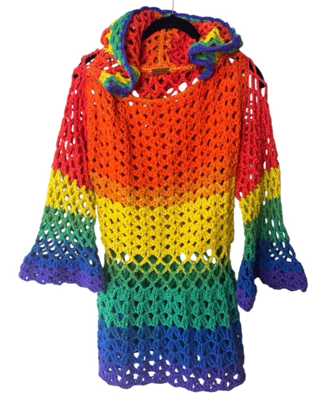 Handmade Crochet Rainbow Hooded Tunic Top | Festival Pride | Small